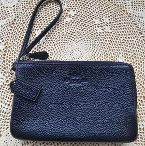 Coach Double Corner Zip Wristlet Metallic Midnight Blue Pebble Leather Used
